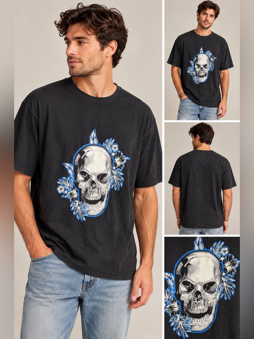 Robert Graham Black Skull Floral Graphic T-Shirt 100% Cotton 2XL